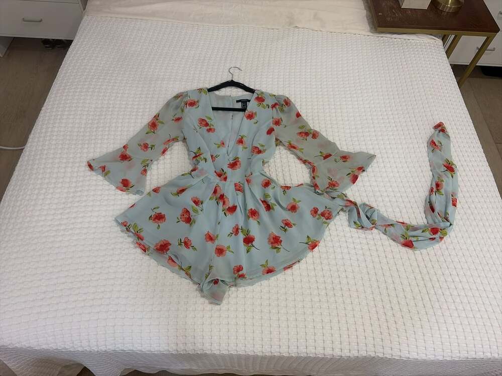 Forever 21 Floral Romper Size S Light Blue Chiffon Bell Sleeve V-Neck